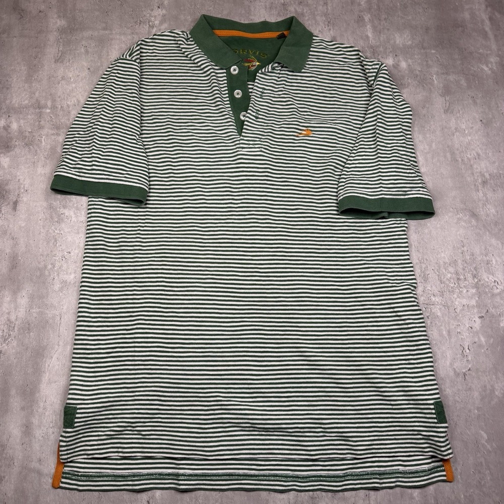 ORVIS Polo Shirt Short Sleeve Green White Striped Fly Fishing Y2K Rugby M